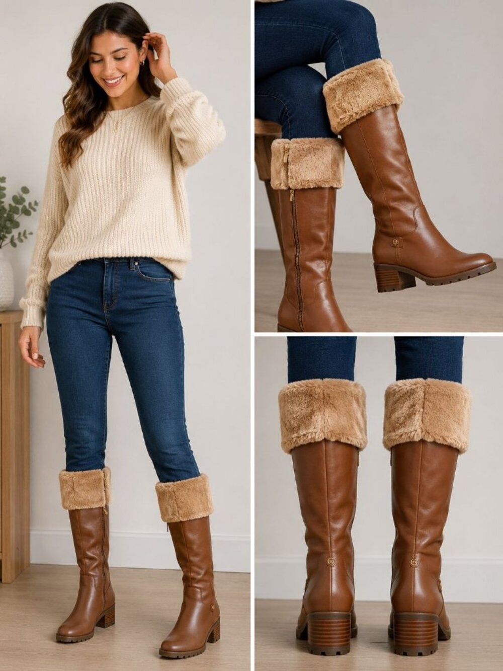 Michael Kors Womens Faux Fur-Lined Brown Leather Knee-High Boots Size 6M